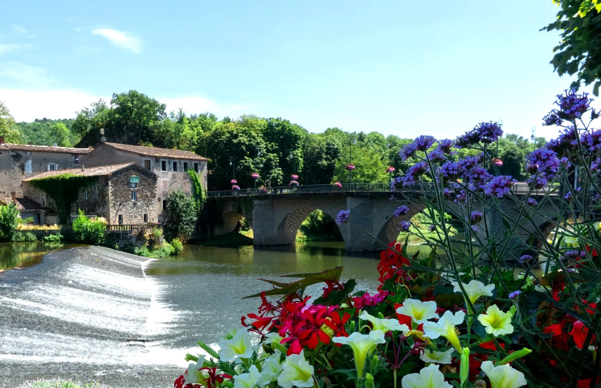 Vue du village de Roquecourbe avec son pont en pierre, la rivière et les fleurs